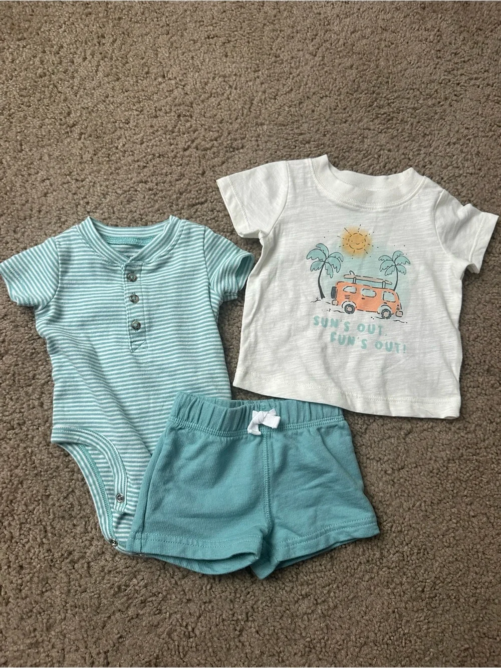 Baby Summer Tee, Striped Henley Onesie & Teal Shorts Set